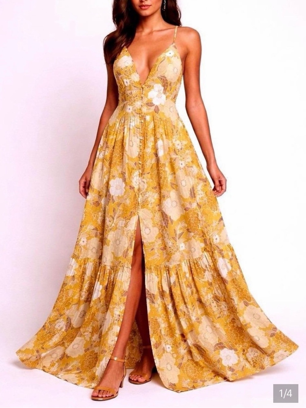NWT Abercrombie & Fitch Linen Yellow Floral Plunge Maxi Dress